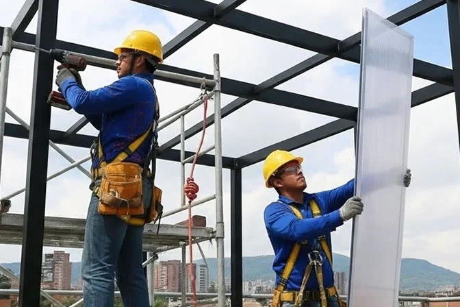 Montaje seguro e instalación profesional de pérgolas metálicas, marquesinas corredizas, domos, cubiertas y estructuras metálicas en Bogotá, Colombia. Multicorp Ingeniería SAS.