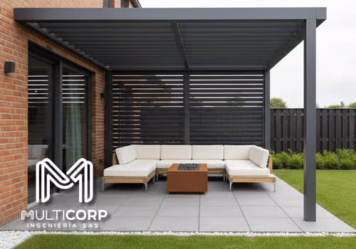 Cubierta metálica sobre pérgola para proteger espacios exteriores de terrazas en Bogotá, Colombia. Multicorp Ingeniería SAS.