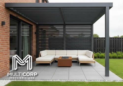 Cubierta metálica sobre pérgola para proteger espacios exteriores de terrazas en Bogotá, Colombia. Multicorp Ingeniería SAS.