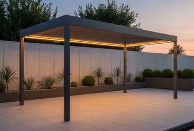 Pérgola moderna para patio con piscina en Bogotá, Colombia. Multicorp Ingeniería SAS.